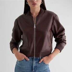 EXPRESS Faux Leather Cropped Bomber Jacket - with zip, pockets